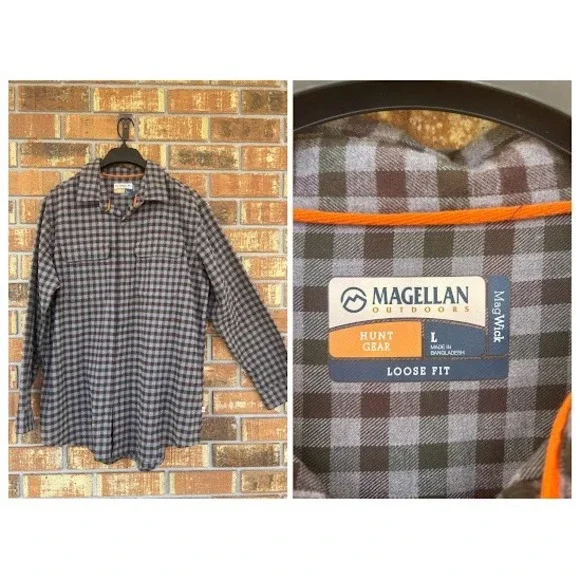 Magellan Outdoors Hunt Gear MagWick Plaid Shirt Mens Large Loose Fit Grey Brown - Picture 1 of 6